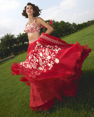 Red Pure Silk Organza Lehenga Set by Sanya Gulati available on Indiaspopup.com