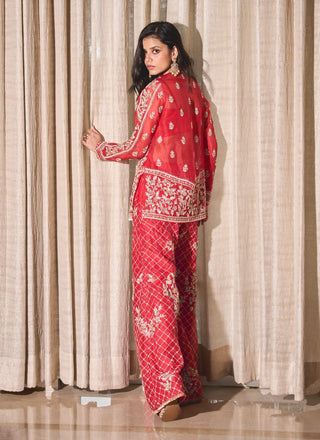 Red Silk Organza Palazzo Set by Sanya Gulati available on Indiaspopup.com