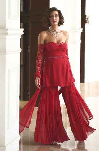 Red Tonal Embroidered Sharara Set by Sanya Gulati available on Indiaspopup.com