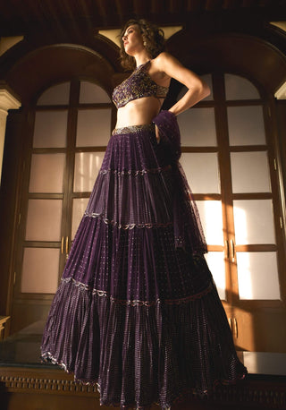 Purple Tiered Lehenga Set by Sanya Gulati available on Indiaspopup.com