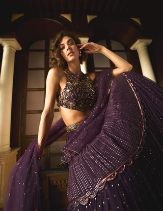 Purple Tiered Lehenga Set by Sanya Gulati available on Indiaspopup.com