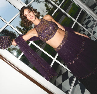 Purple Tiered Lehenga Set by Sanya Gulati available on Indiaspopup.com