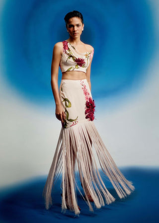 Cowl crimson crop top with fringe skirt