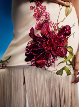 Cowl crimson crop top with fringe skirt