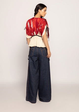 Saaksha & Kinni-Red Micro-Pleated Kaftan Blouse And Jeans-INDIASPOPUP.COM