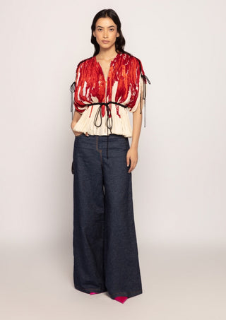 Saaksha & Kinni-Red Micro-Pleated Kaftan Blouse And Jeans-INDIASPOPUP.COM