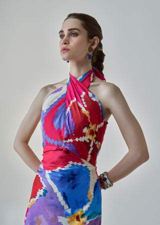 Shailee Pink Ikat Halter Dress by Saaksha & Kinni, available on Indiaspopup.com