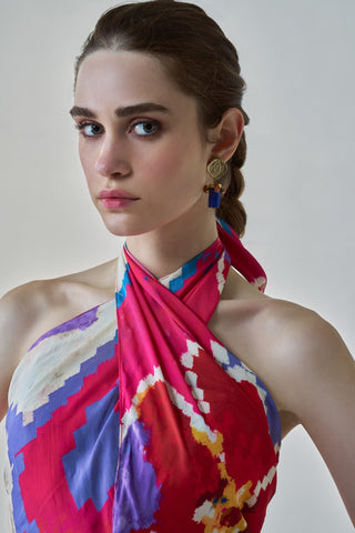 Shailee Pink Ikat Halter Dress by Saaksha & Kinni, available on Indiaspopup.com