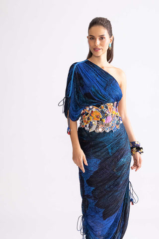 Mira Blue Pleat Dress And Corset by Saaksha & Kinni, available on Indiaspopup.com