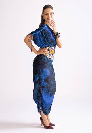 Mira Blue Pleat Dress And Corset by Saaksha & Kinni, available on Indiaspopup.com