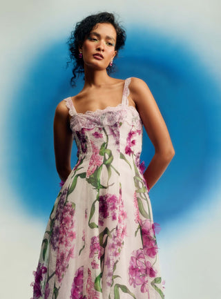 Wild wisteria organza panel midi dress