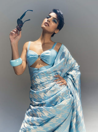 Powder Blue And Silver Gerum Sari With Unstitched Blouse Piece by Ekaya available on Indiaspopup.com