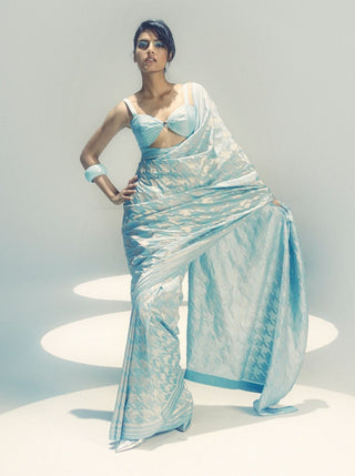 Powder Blue And Silver Gerum Sari With Unstitched Blouse Piece by Ekaya available on Indiaspopup.com