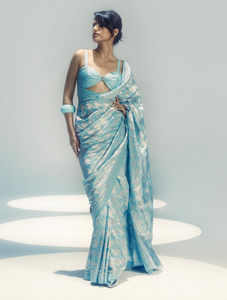 Powder Blue And Silver Gerum Sari With Unstitched Blouse Piece by Ekaya available on Indiaspopup.com