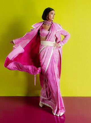 Rani Pink And White Cher Sari With Unstitched Blouse Piece by Ekaya available on Indiaspopup.com