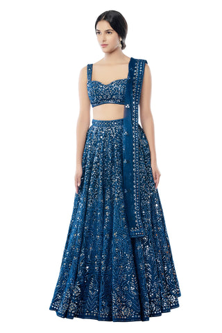 Blue Foil Net Lehenga Set by Tamanna Punjabi Kapoor available on Indiaspopup.com