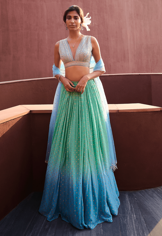 Emma Blue And Sea Green Lehenga Set by Chamee And Palak, available on Indiaspopup.com