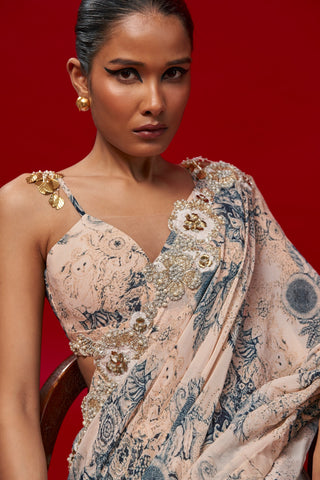 Bhumika Sharma-Champagne Blue Printed Sari And Cape Set-INDIASPOPUP.COM