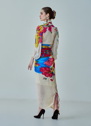 Bella Ivory Floral Shirt And Skirt by Saaksha & Kinni, available on Indiaspopup.com