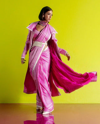 Rani pink and white cher sari with unstitched blouse piece