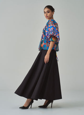 Tanya blue blouse and black skirt