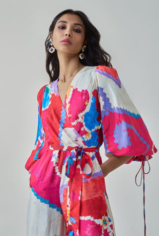 Jenny Pink Red Ikat Jumpsuit by Saaksha & Kinni, available on Indiaspopup.com