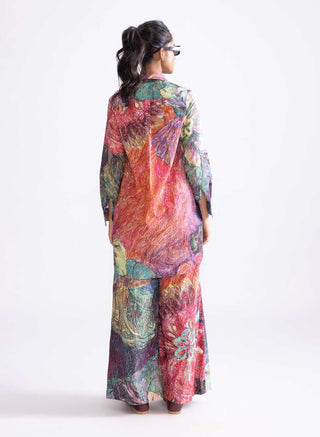 Multicolor Printed Shirt, Palazzo And Jacket by Saaksha & Kinni, available on Indiaspopup.com