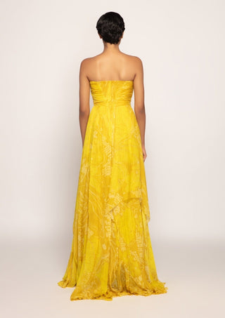 Saaksha & Kinni-Yellow Bandhani Print Strapless Gown-INDIASPOPUP.COM