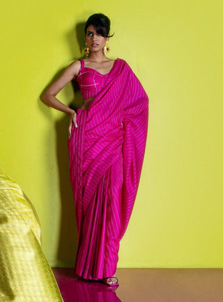 Rani pink pinstripe sari with unstitched blouse piece