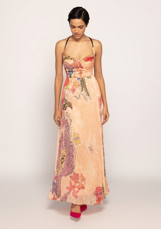 Saaksha & Kinni-Peach Pleated Maxi Dress-INDIASPOPUP.COM