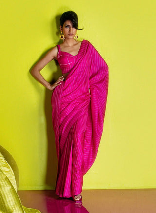 Rani pink pinstripe sari with unstitched blouse piece