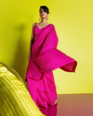 Rani pink pinstripe sari with unstitched blouse piece