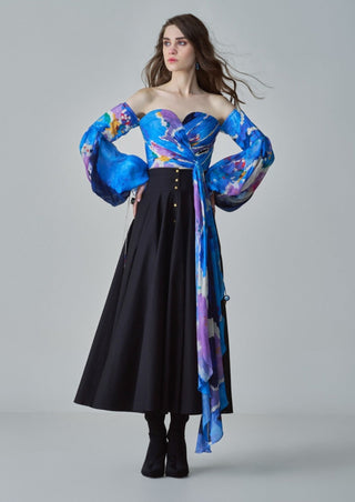 Taloola blue blouse and black skirt