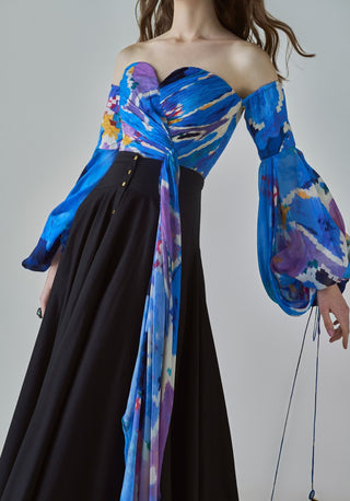 Taloola blue blouse and black skirt