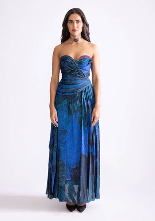 Mila Blue Pleated Strapless Dress by Saaksha & Kinni, available on Indiaspopup.com