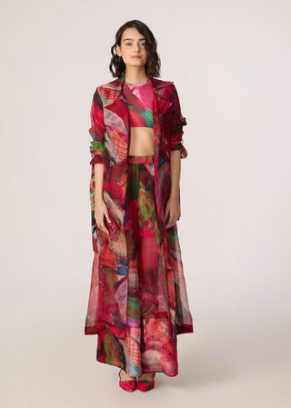 Belen pink multicolor trench with blouse and trousers
