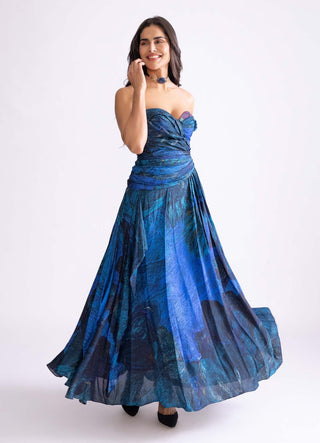 Mila Blue Pleated Strapless Dress by Saaksha & Kinni, available on Indiaspopup.com