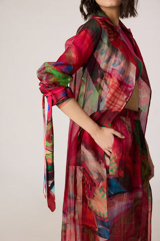 Belen pink multicolor trench with blouse and trousers