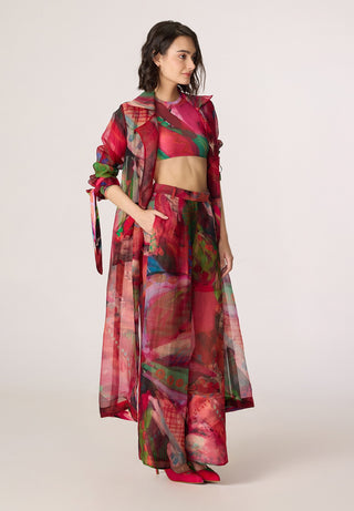 Belen pink multicolor trench with blouse and trousers