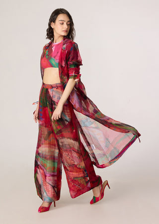 Belen pink multicolor trench with blouse and trousers