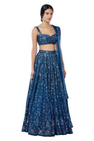 Blue Foil Net Lehenga Set by Tamanna Punjabi Kapoor available on Indiaspopup.com