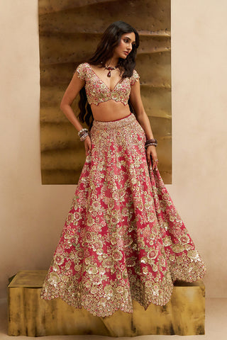 Deep berry blossom bridal lehenga set