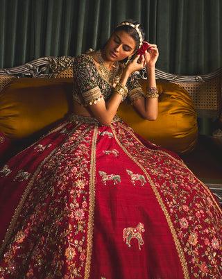 Faragh red gold lehenga set