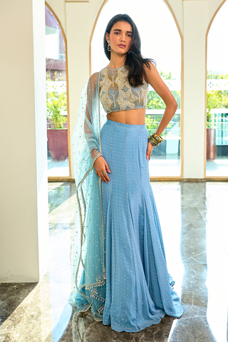 Eva Gray Blue Lehenga Set by Chamee And Palak, available on Indiaspopup.com