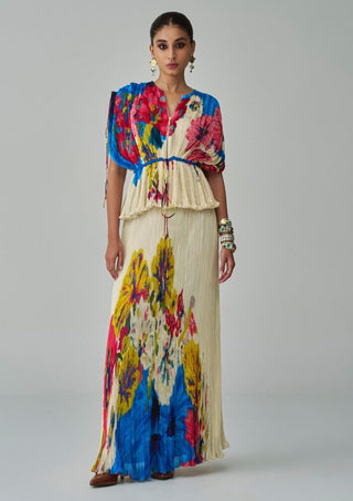 Monica Floral Pleated Blouse And Skirt by Saaksha & Kinni, available on Indiaspopup.com