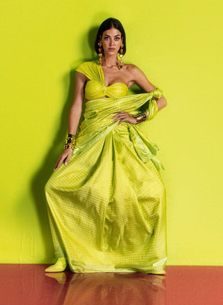 Lime Limoncello Sari With Unstitched Blouse Piece by Ekaya available on Indiaspopup.com