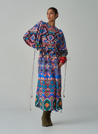 Sara Blue Ikat Print Dress by Saaksha & Kinni, available on Indiaspopup.com