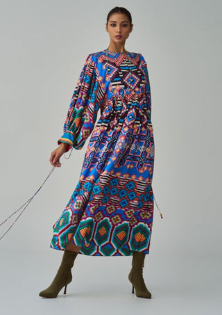 Sara Blue Ikat Print Dress by Saaksha & Kinni, available on Indiaspopup.com