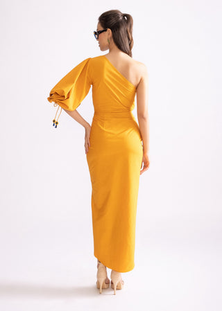 Tulip Mustard One Shoulder Dress by Saaksha & Kinni, available on Indiaspopup.com