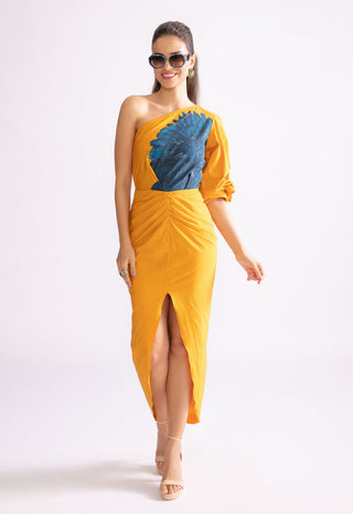 Tulip Mustard One Shoulder Dress by Saaksha & Kinni, available on Indiaspopup.com